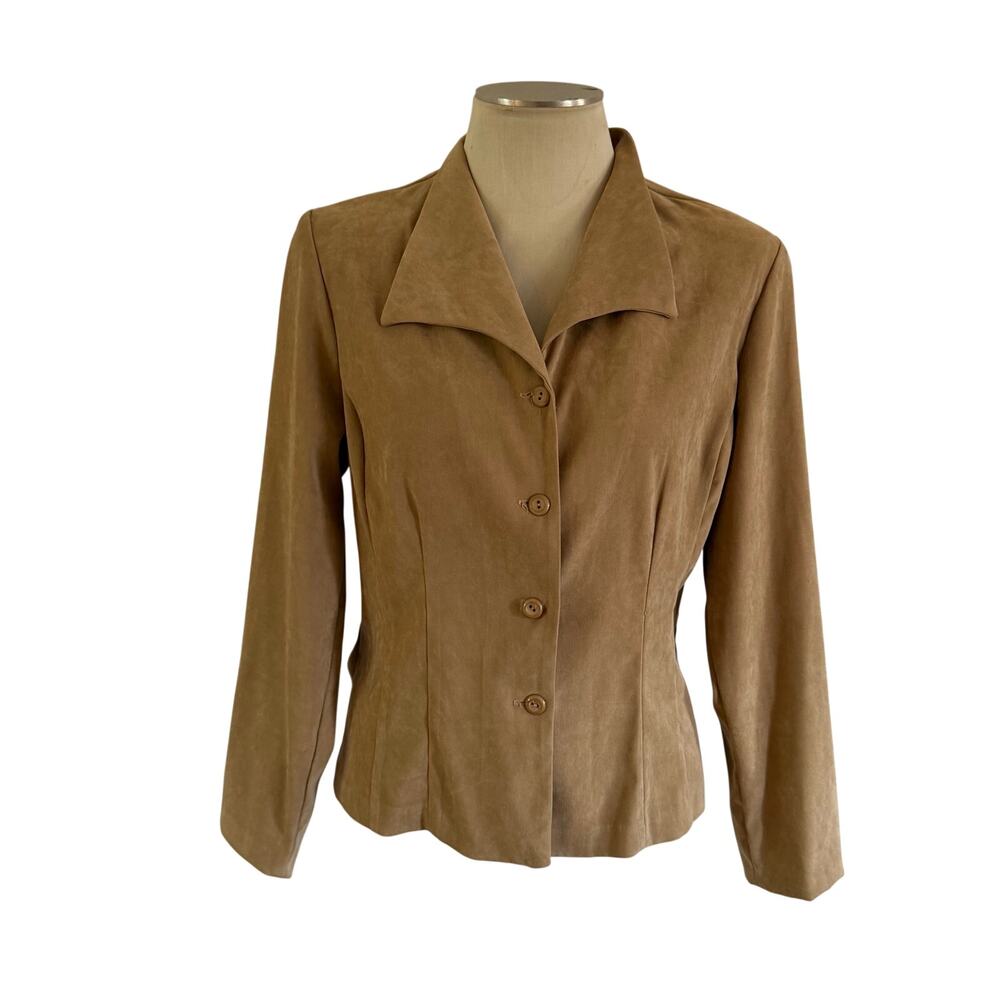Vtg Y2K 2000s Tan Faux Suede Blazer Jacket Sz 12